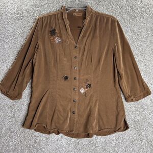 Tianello 3/4 Sleeve Tencel Shirt Button Up Abstract Women's Size Medium Brown‎